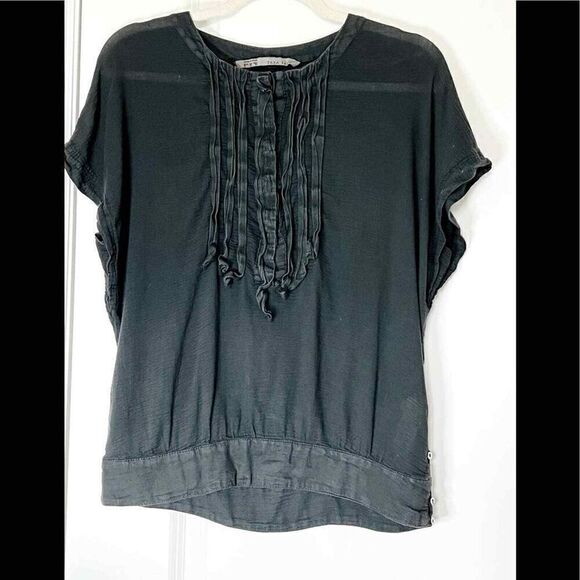 Zara Half Button Black Short Sleeve Pleated Blouse - Picture 1 of 7
